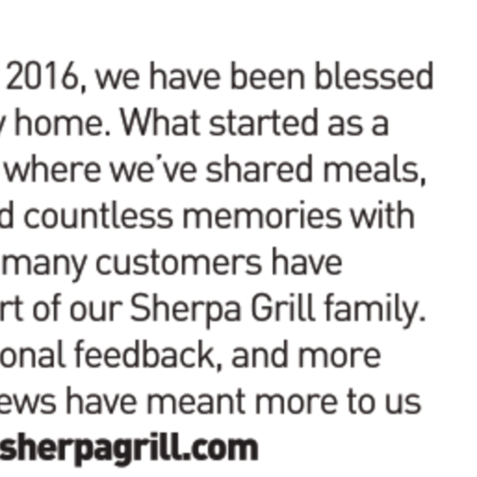 Cropped text describes Sherpa Grill’s history, shared meals, customer memories, and website address.