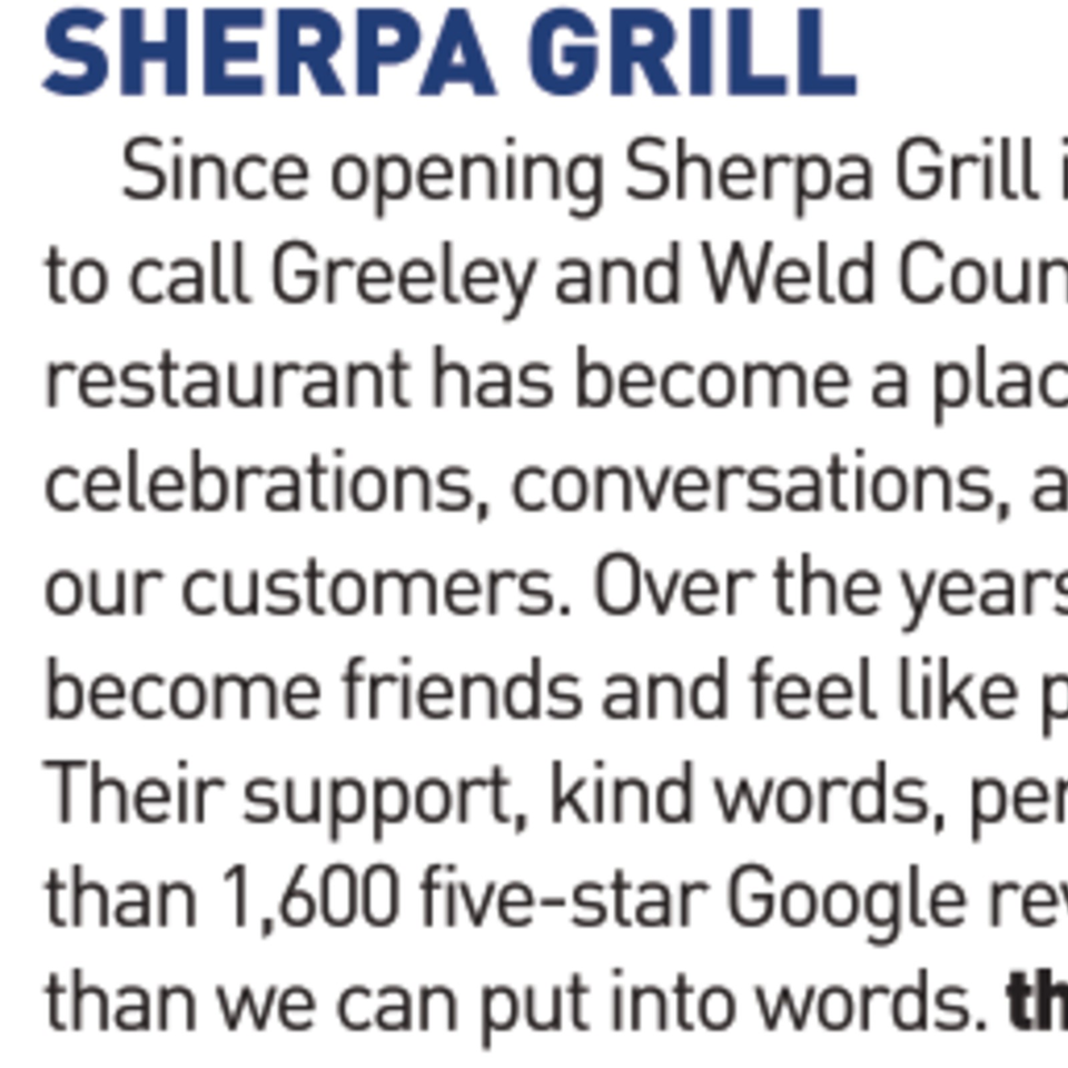 Sherpa Grill logo above a cropped paragraph describing the restaurant’s community connections and customer support.