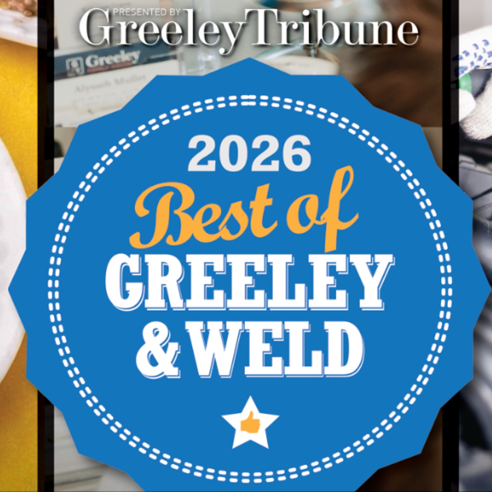 Blue 2026 Best of Greeley & Weld award badge, presented by the Greeley Tribune, displayed over a restaurant background.